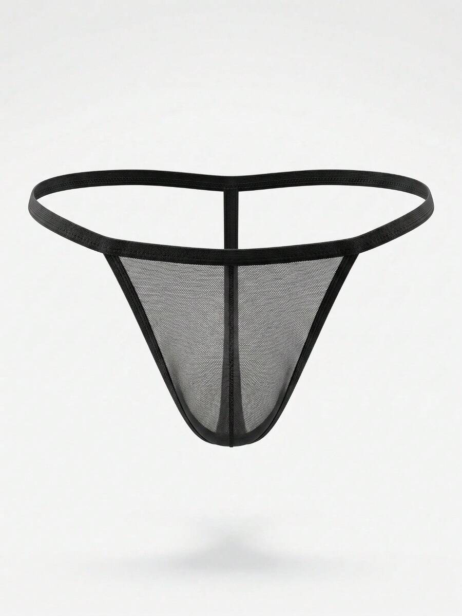 Plus size men's black semi-sheer low rise G-string thong underwear made of medium stretch knitted fabric.