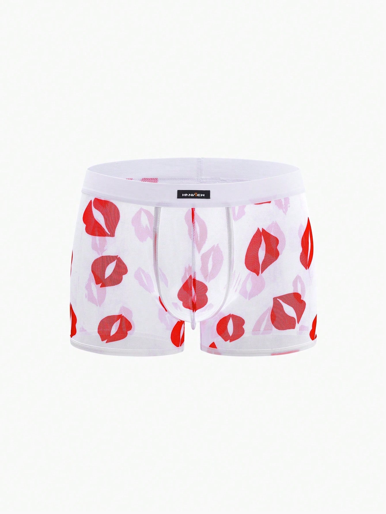 Red sheer men's mesh boxer shorts with tape detail, mid-rise waist, and slight stretch knitted fabric.