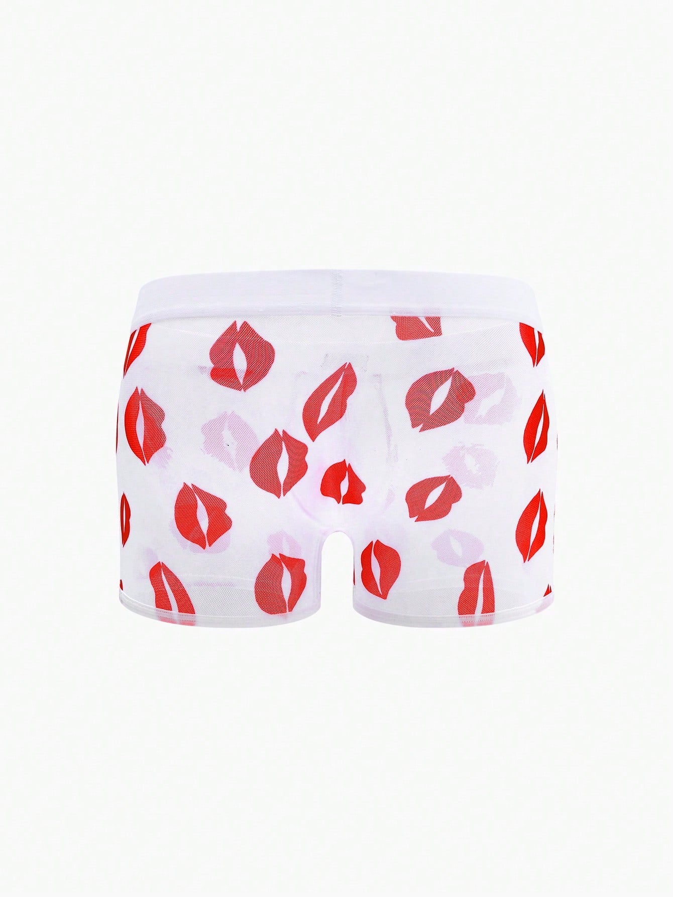 Red sheer men's mesh boxer shorts with tape detail, mid-rise waist, and slight stretch knitted fabric.