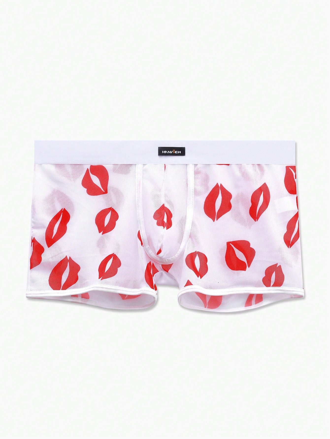 Red sheer men's mesh boxer shorts with tape detail, mid-rise waist, and slight stretch knitted fabric.
