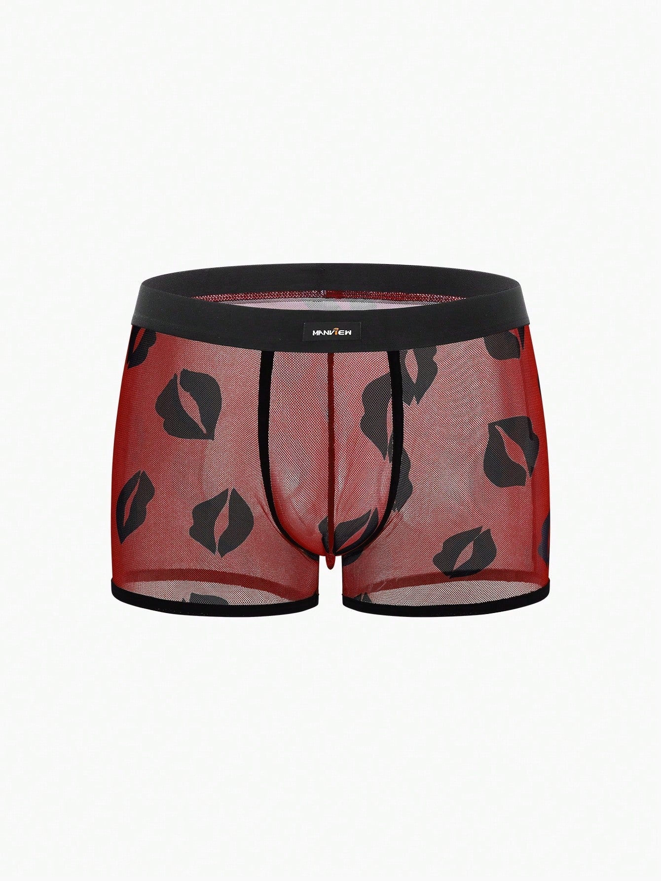Red sheer men's mesh boxer shorts with tape detail, mid-rise waist, and slight stretch knitted fabric.