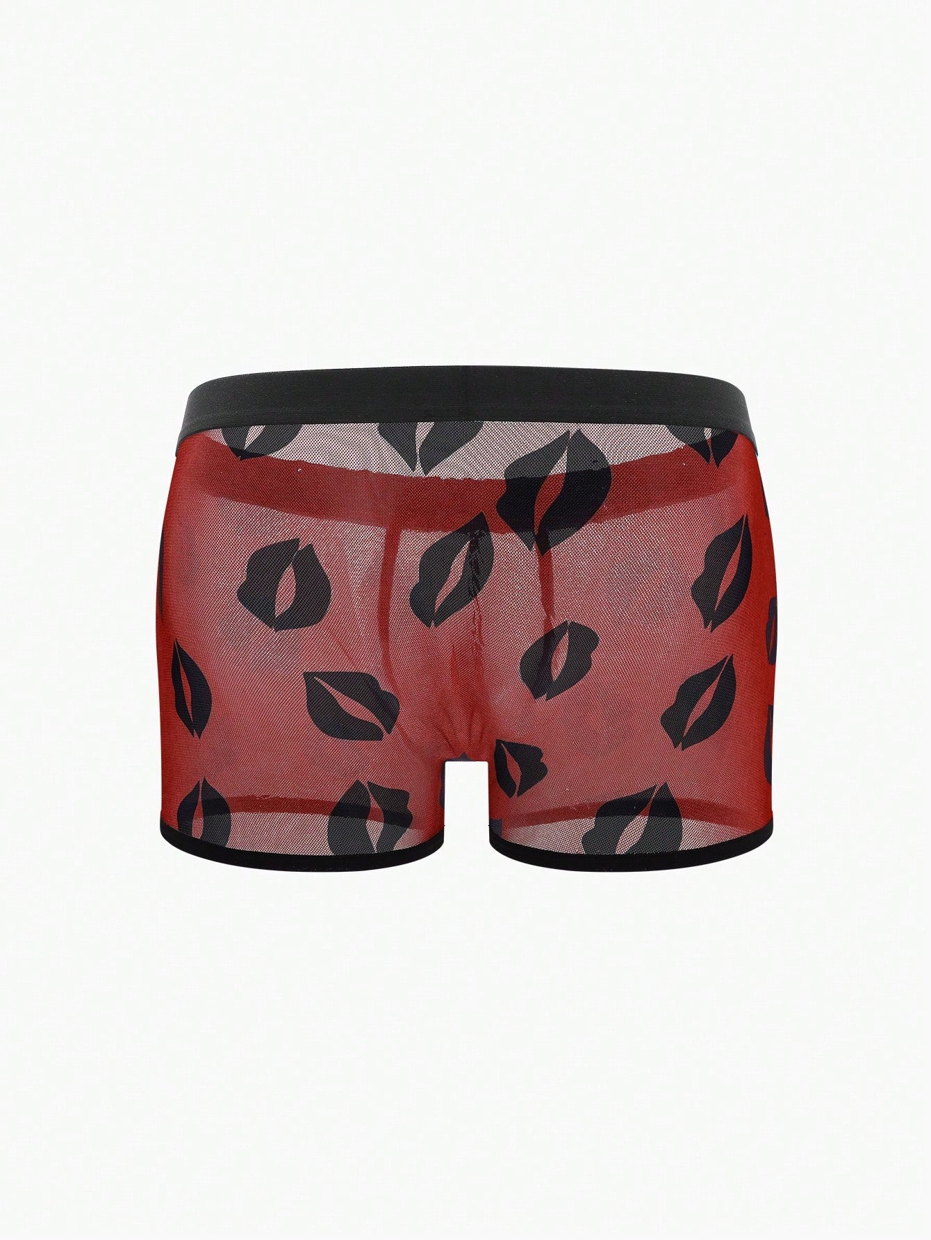 Red sheer men's mesh boxer shorts with tape detail, mid-rise waist, and slight stretch knitted fabric.