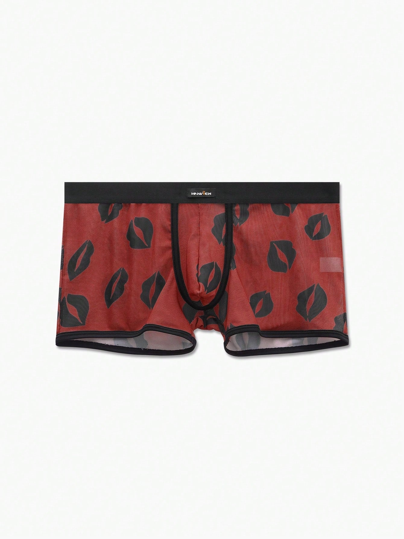 Red sheer men's mesh boxer shorts with tape detail, mid-rise waist, and slight stretch knitted fabric.