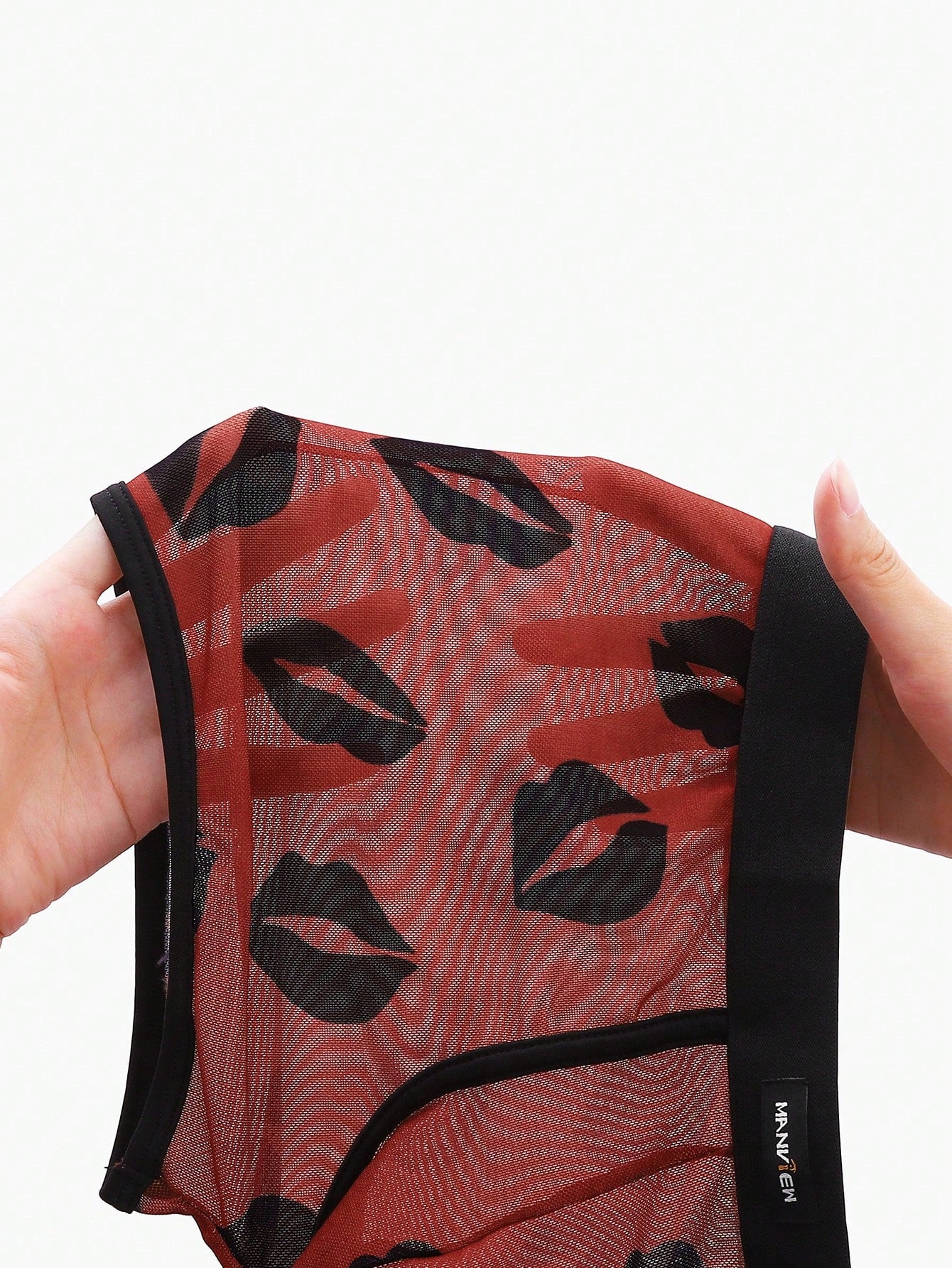 Red sheer men's mesh boxer shorts with tape detail, mid-rise waist, and slight stretch knitted fabric.