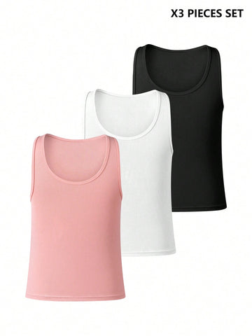Men's solid color sleeveless base layer tops in rib knit fabric, slim fit with scoop neck, high-stretch viscose blend, 3-piece set for daily wear.