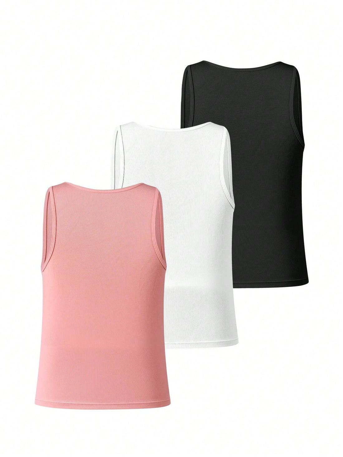 Men's solid color sleeveless base layer tops in rib knit fabric, slim fit with scoop neck, high-stretch viscose blend, 3-piece set for daily wear.