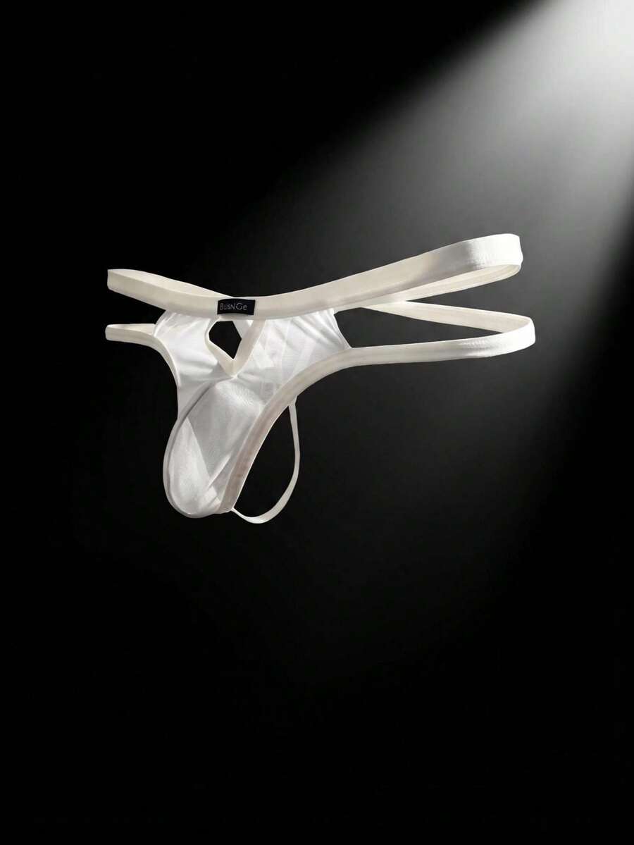Men's black mesh G-string thong underwear featuring a low-waist cut-out front design.