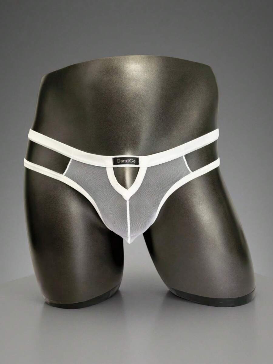 Men's black mesh G-string thong underwear featuring a low-waist cut-out front design.