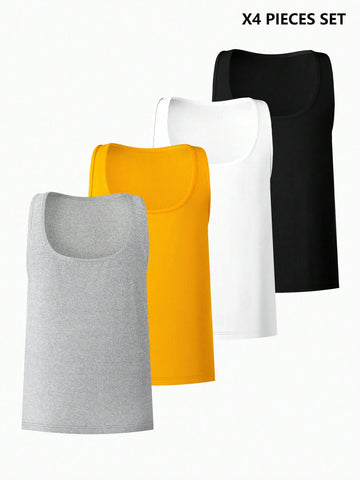 Four-pack of men's rib knit undershirts with a plain design, square neck, sleeveless cut, and slim fit for daily wear.