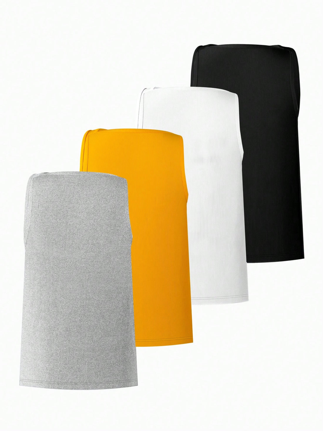 Four-pack of men's rib knit undershirts with a plain design, square neck, sleeveless cut, and slim fit for daily wear.
