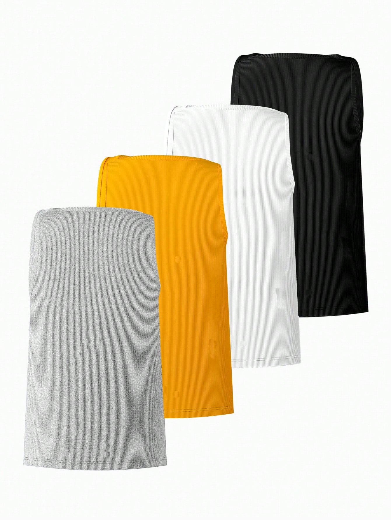 Four-pack of men's rib knit undershirts with a plain design, square neck, sleeveless cut, and slim fit for daily wear.