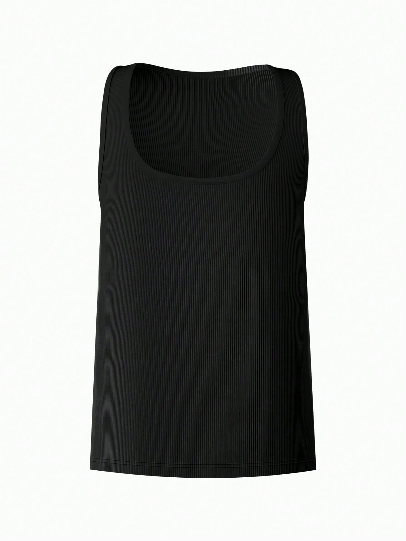 Four-pack of men's rib knit undershirts with a plain design, square neck, sleeveless cut, and slim fit for daily wear.
