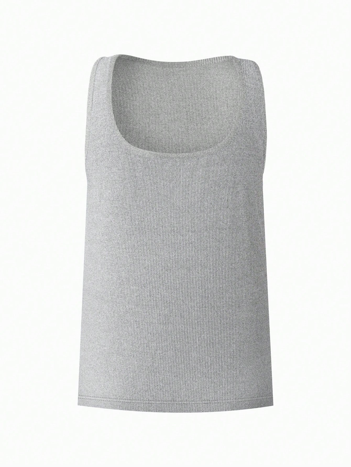 Four-pack of men's rib knit undershirts with a plain design, square neck, sleeveless cut, and slim fit for daily wear.