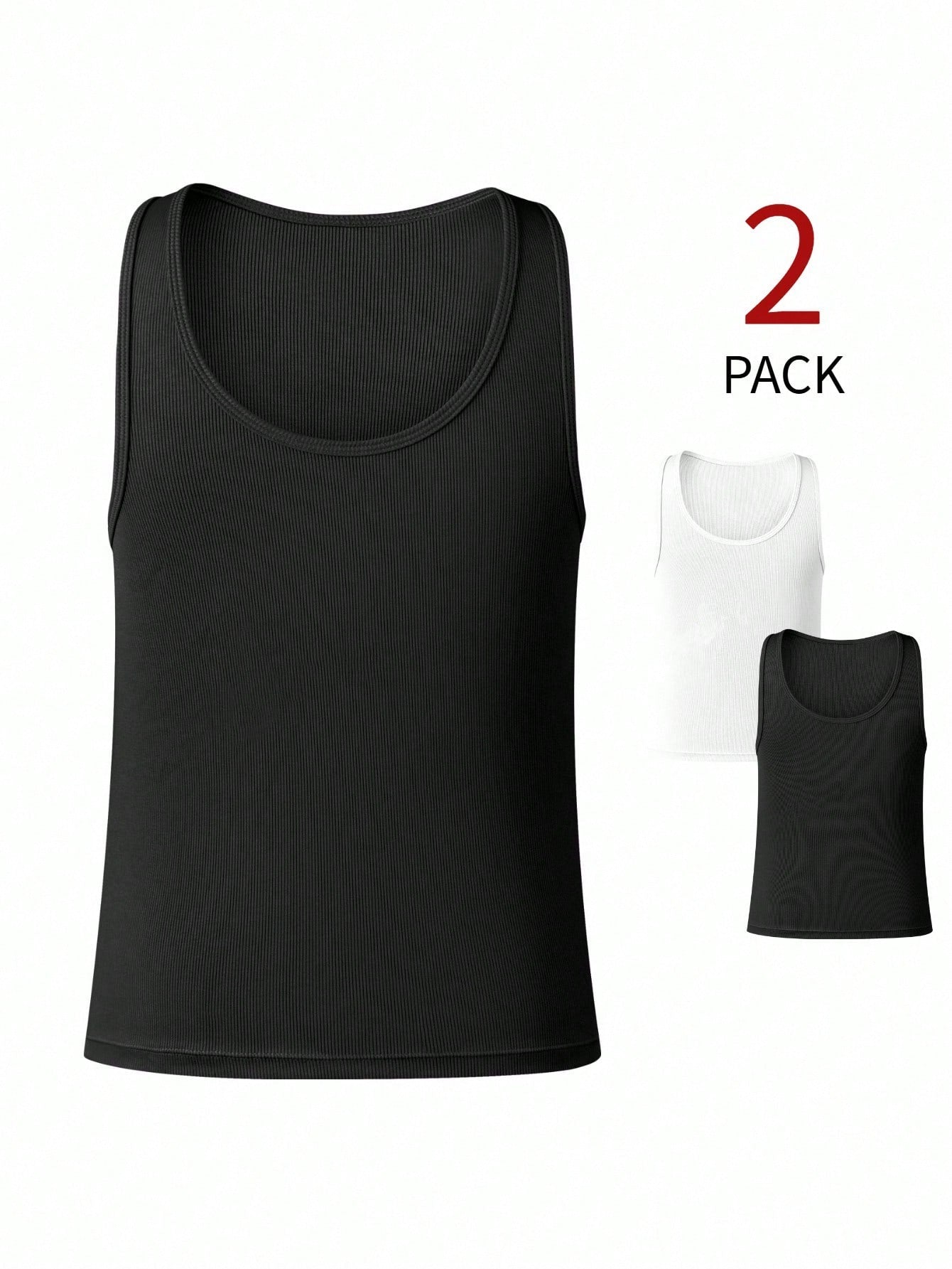 Men's plain rib knit tank top undershirt 2-pack with scoop neck, sleeveless design, short length, and slim fit for daily wear.