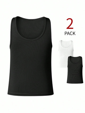 Men's plain rib knit tank top undershirt 2-pack with scoop neck, sleeveless design, short length, and slim fit for daily wear.