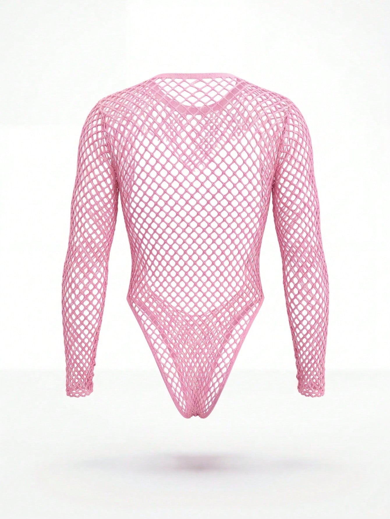 Men's pink hollow crochet base layer top with round neck, long sleeves, slim fit, and short length in stretch knitted fabric.