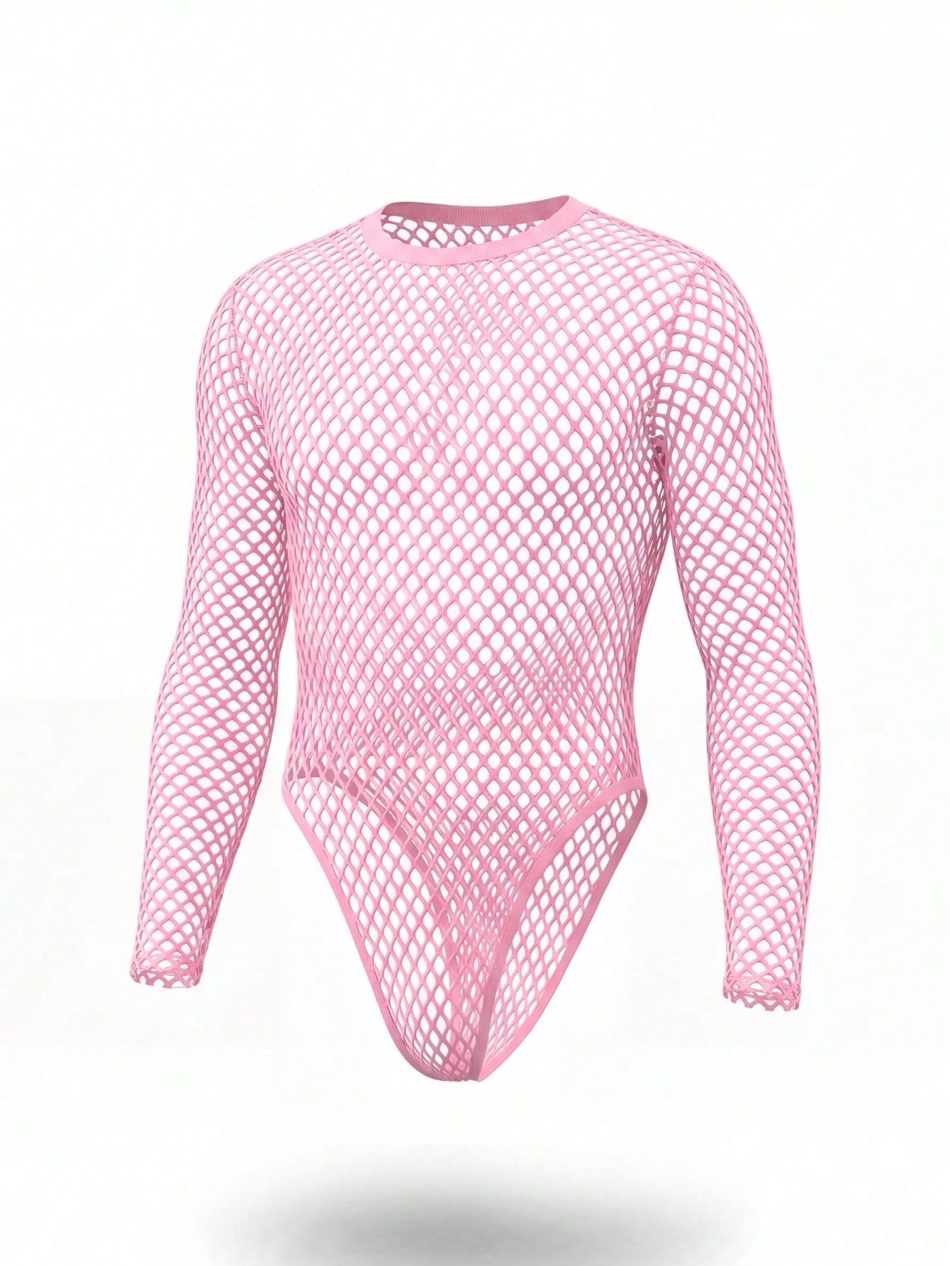 Men's pink hollow crochet base layer top with round neck, long sleeves, slim fit, and short length in stretch knitted fabric.