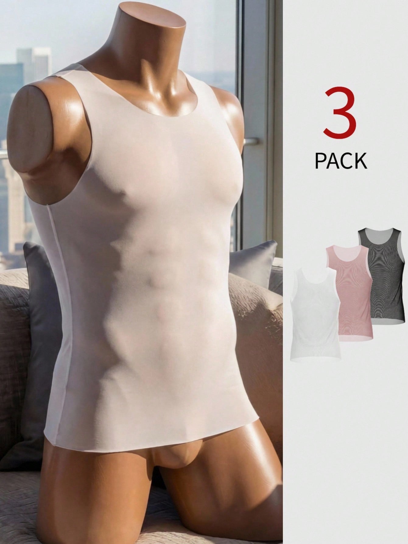 Men's sleeveless undershirt set in knitted fabric with round neck and regular fit, designed as a sheer innerwear vest for daily wear, 3-piece set.