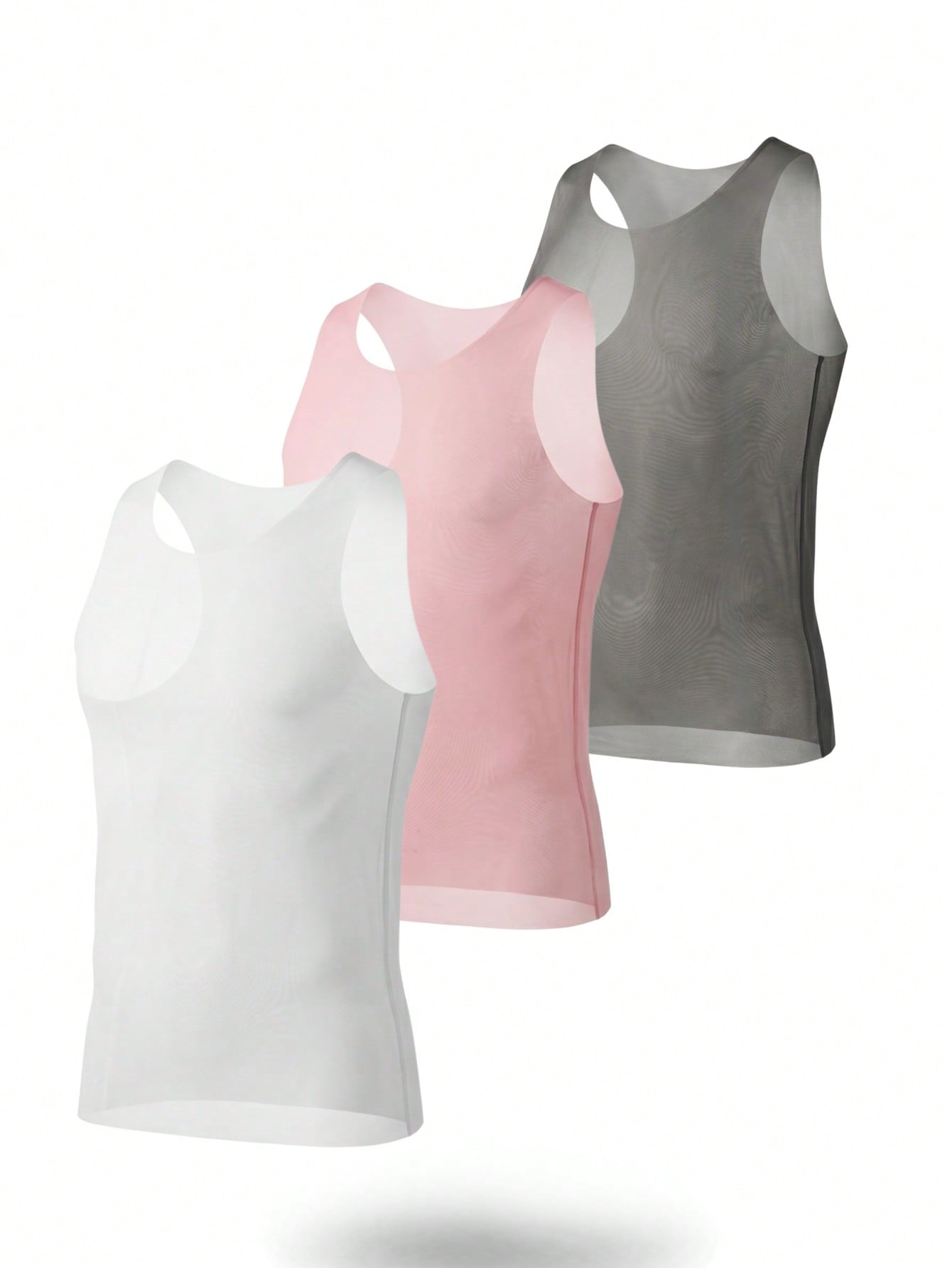 Men's sleeveless undershirt set in knitted fabric with round neck and regular fit, designed as a sheer innerwear vest for daily wear, 3-piece set.