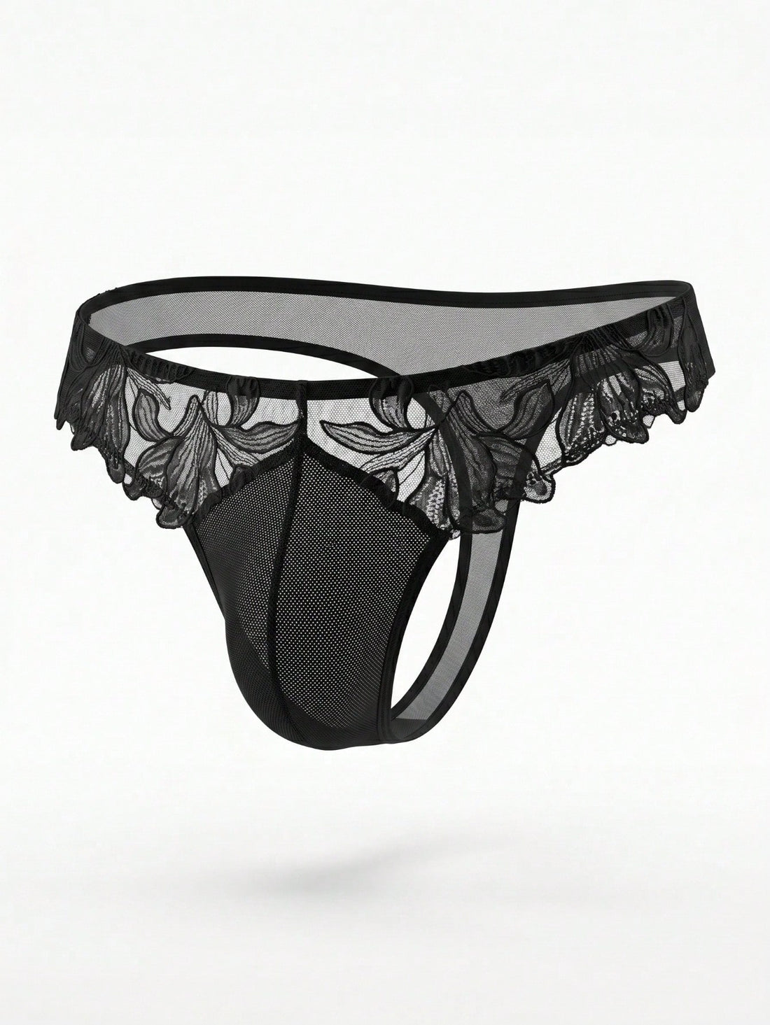 Black men's costume underwear with lace patchwork, plain design, short length, and slight-stretch knitted fabric.