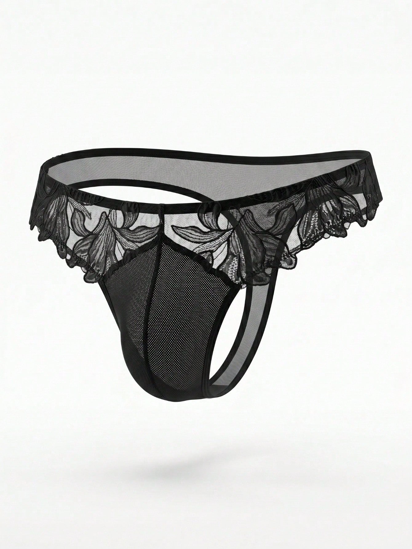 Black men's costume underwear with lace patchwork, plain design, short length, and slight-stretch knitted fabric.