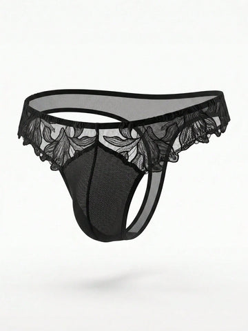 Black men's costume underwear with lace patchwork, plain design, short length, and slight-stretch knitted fabric.