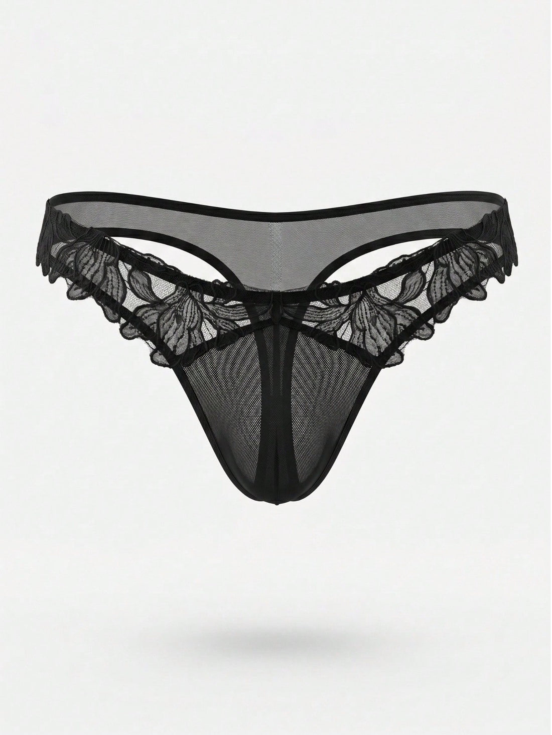 Black men's costume underwear with lace patchwork, plain design, short length, and slight-stretch knitted fabric.