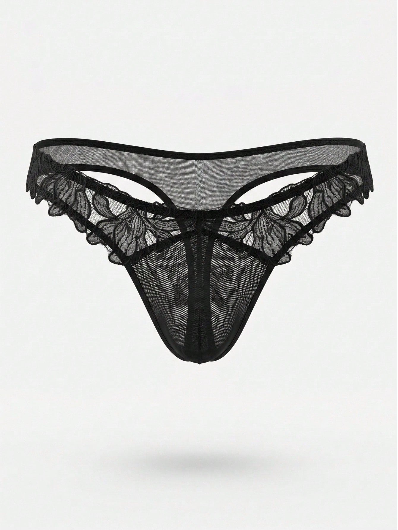 Black men's costume underwear with lace patchwork, plain design, short length, and slight-stretch knitted fabric.
