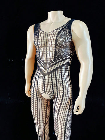 Black men's sheer bodysuit with cut-out design, plaid pattern, round neck, short length, and high-stretch polyamide elastane fabric.