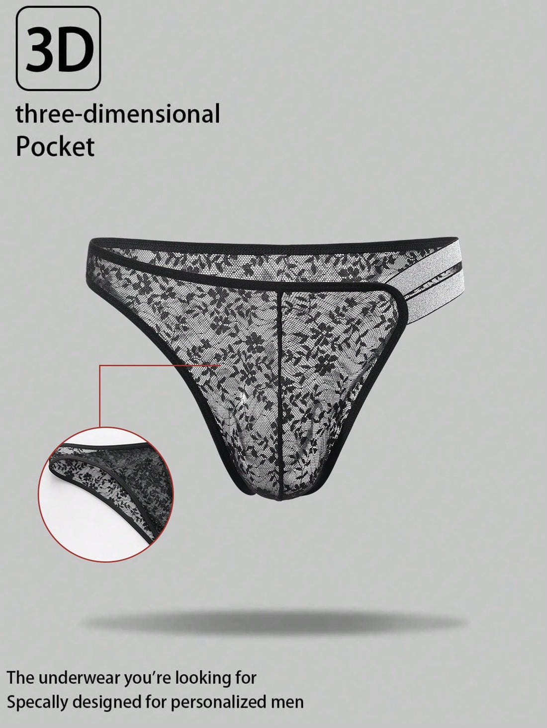 Men's black lace semi-sheer thong briefs with low rise fit and medium stretch fabric