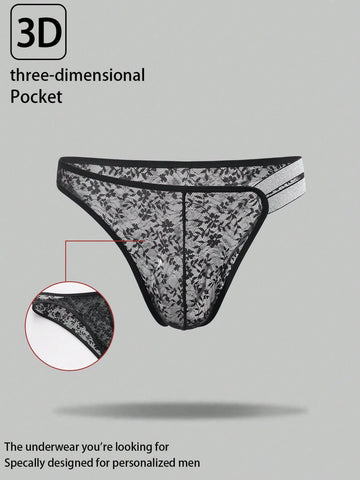 Men's black lace semi-sheer thong briefs with low rise fit and medium stretch fabric