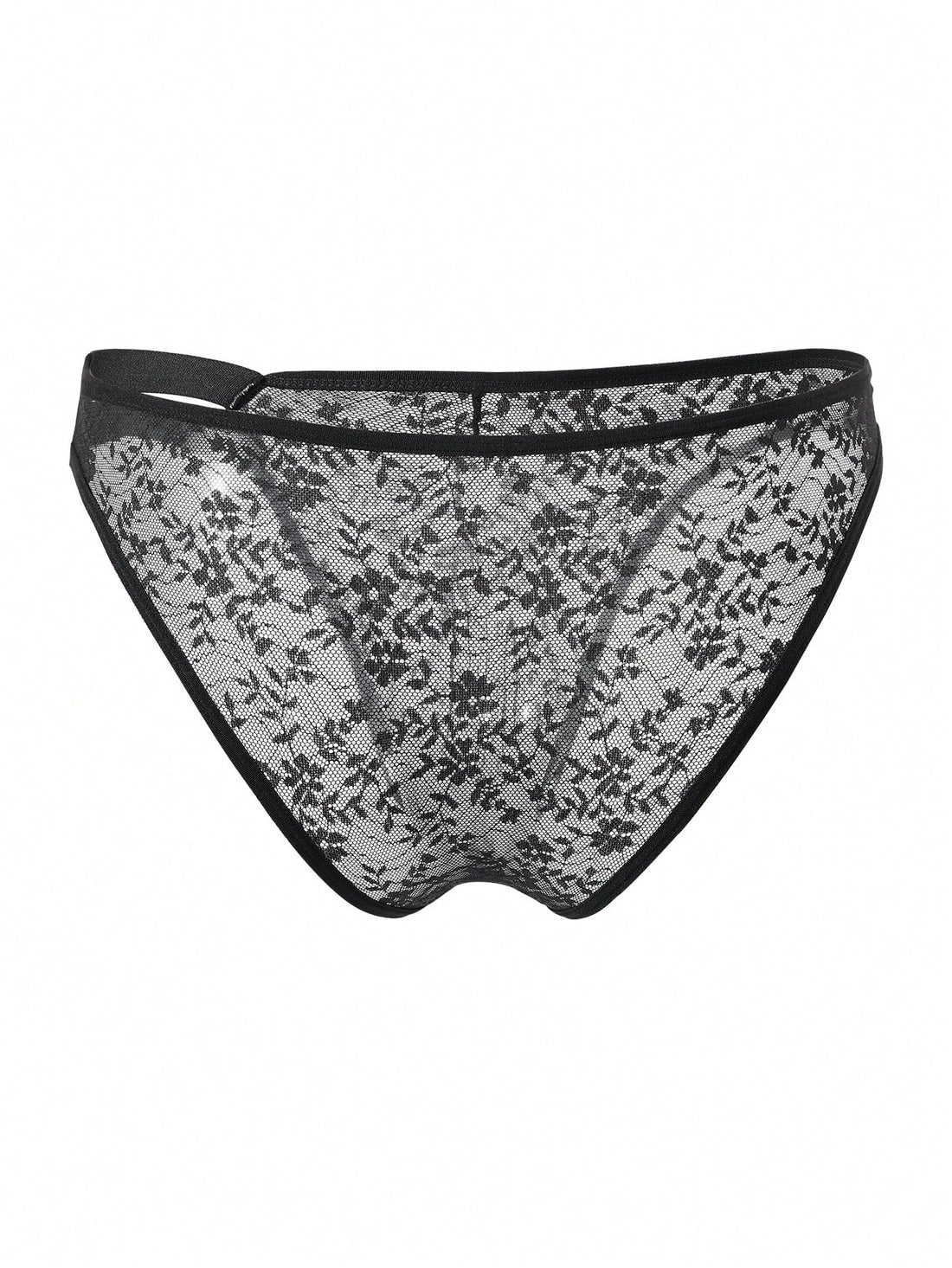 Men's black lace semi-sheer thong briefs with low rise fit and medium stretch fabric