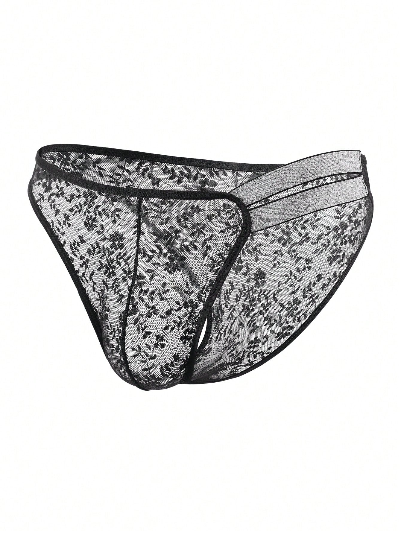 Men's black lace semi-sheer thong briefs with low rise fit and medium stretch fabric