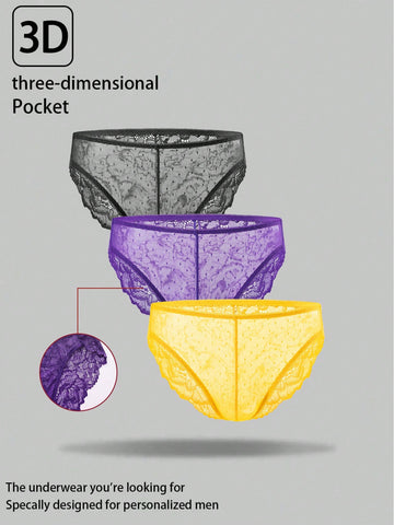 3-piece set of men's lace patchwork briefs in multicolor, mid-rise plain semi-sheer knitted fabric underwear with medium stretch.