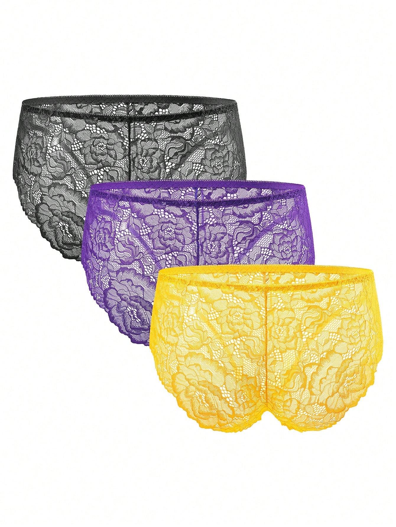 3-piece set of men's lace patchwork briefs in multicolor, mid-rise plain semi-sheer knitted fabric underwear with medium stretch.