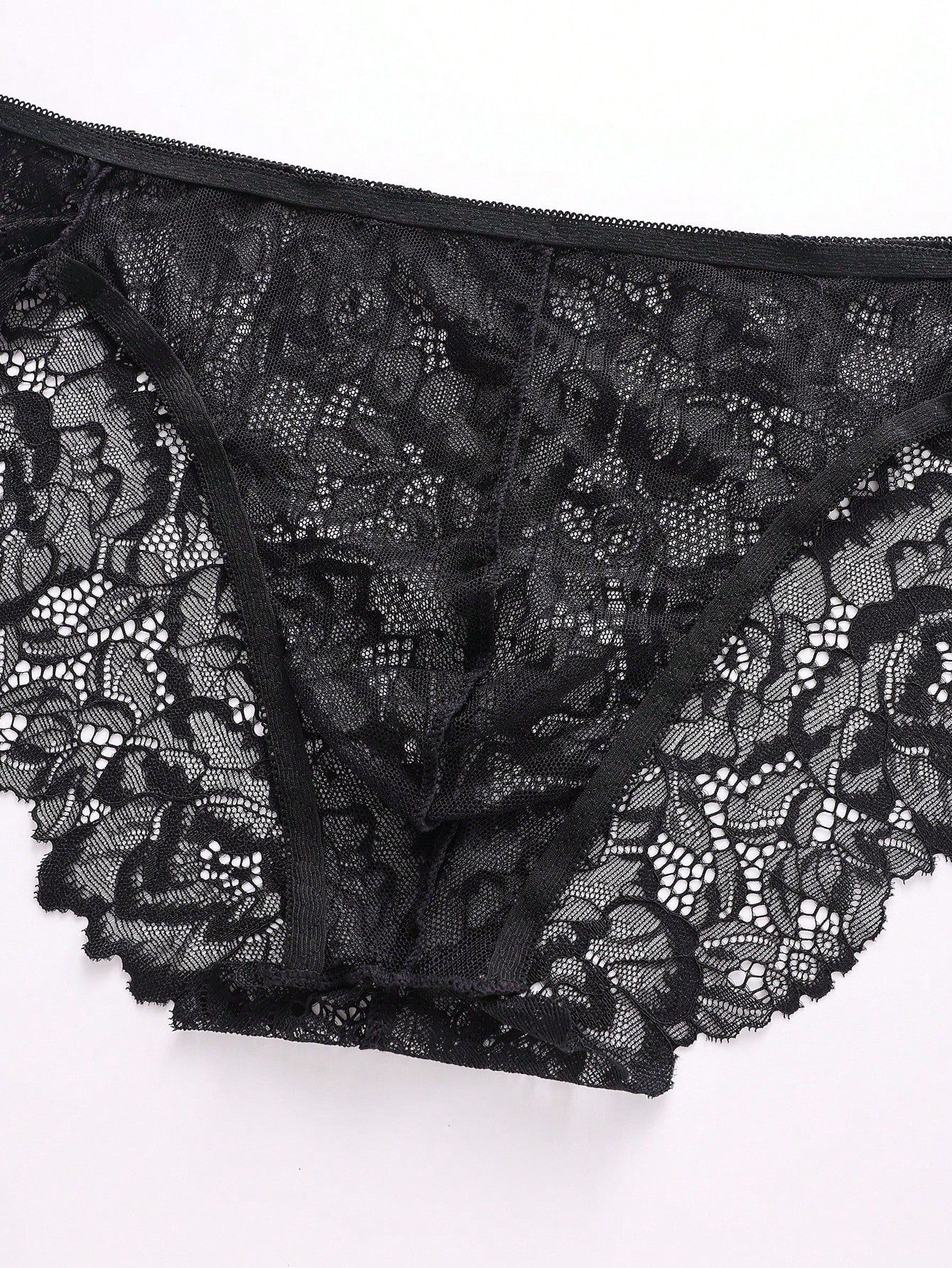 3-piece set of men's lace patchwork briefs in multicolor, mid-rise plain semi-sheer knitted fabric underwear with medium stretch.