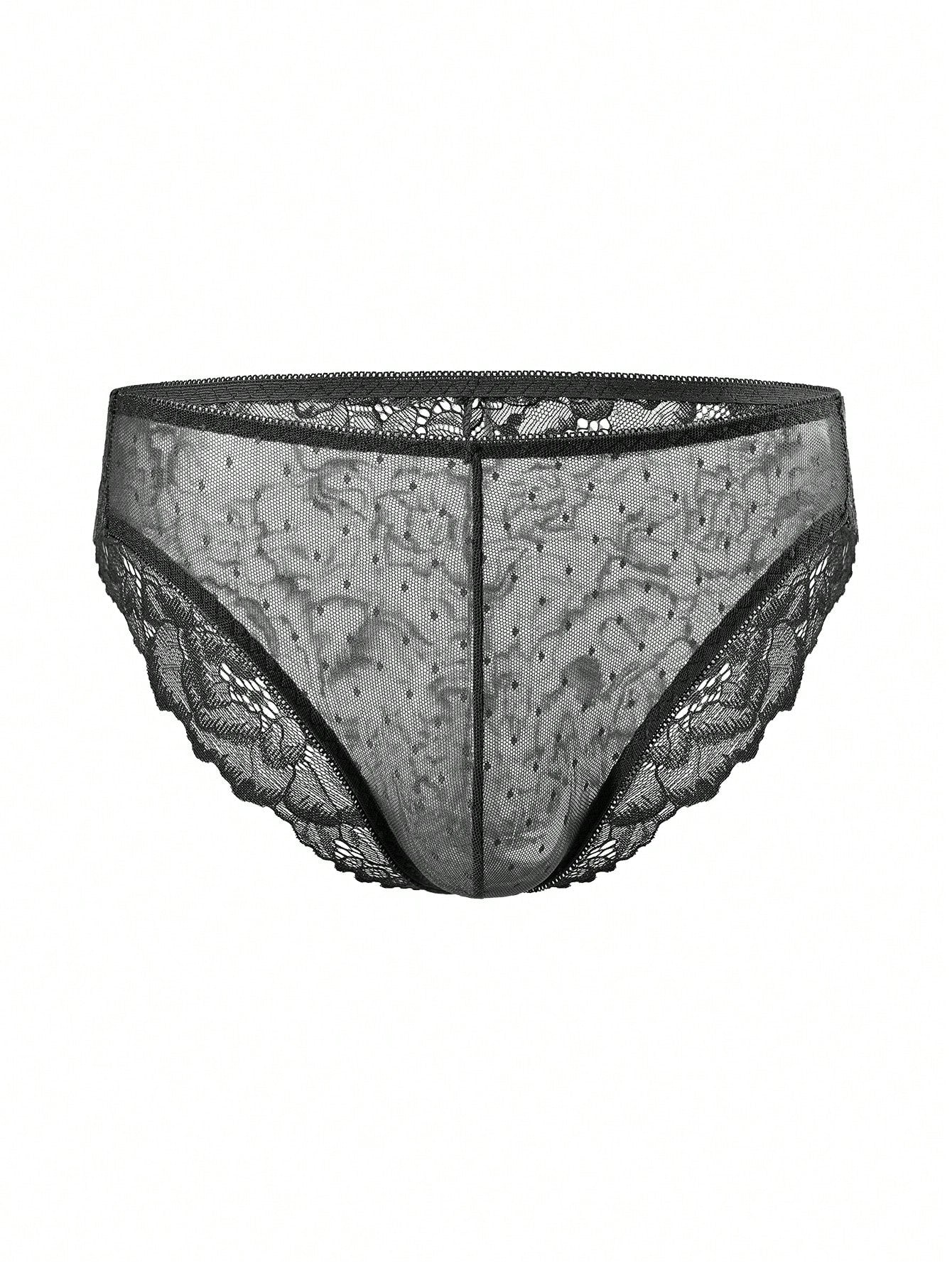 3-piece set of men's lace patchwork briefs in multicolor, mid-rise plain semi-sheer knitted fabric underwear with medium stretch.