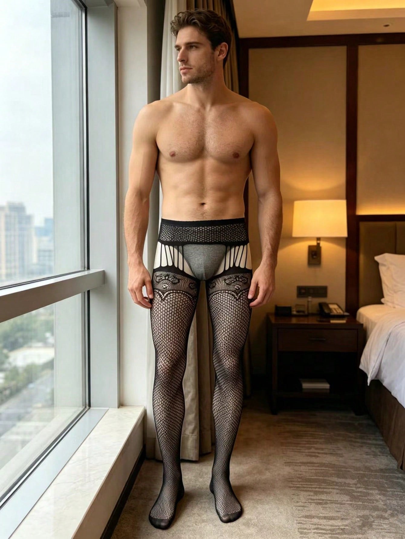 Men's fishnet bodystocking in black sheer knitted polyamide with hollow out detail, high stretch fabric, low rise design, and crotchless styling for party wear.