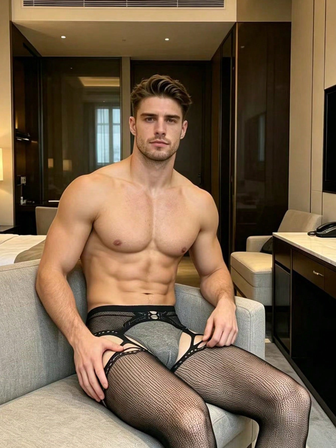 Black fishnet bodystocking for men with a sheer plain design, crotchless style, low rise fit, and high-stretch knitted polyamide fabric.