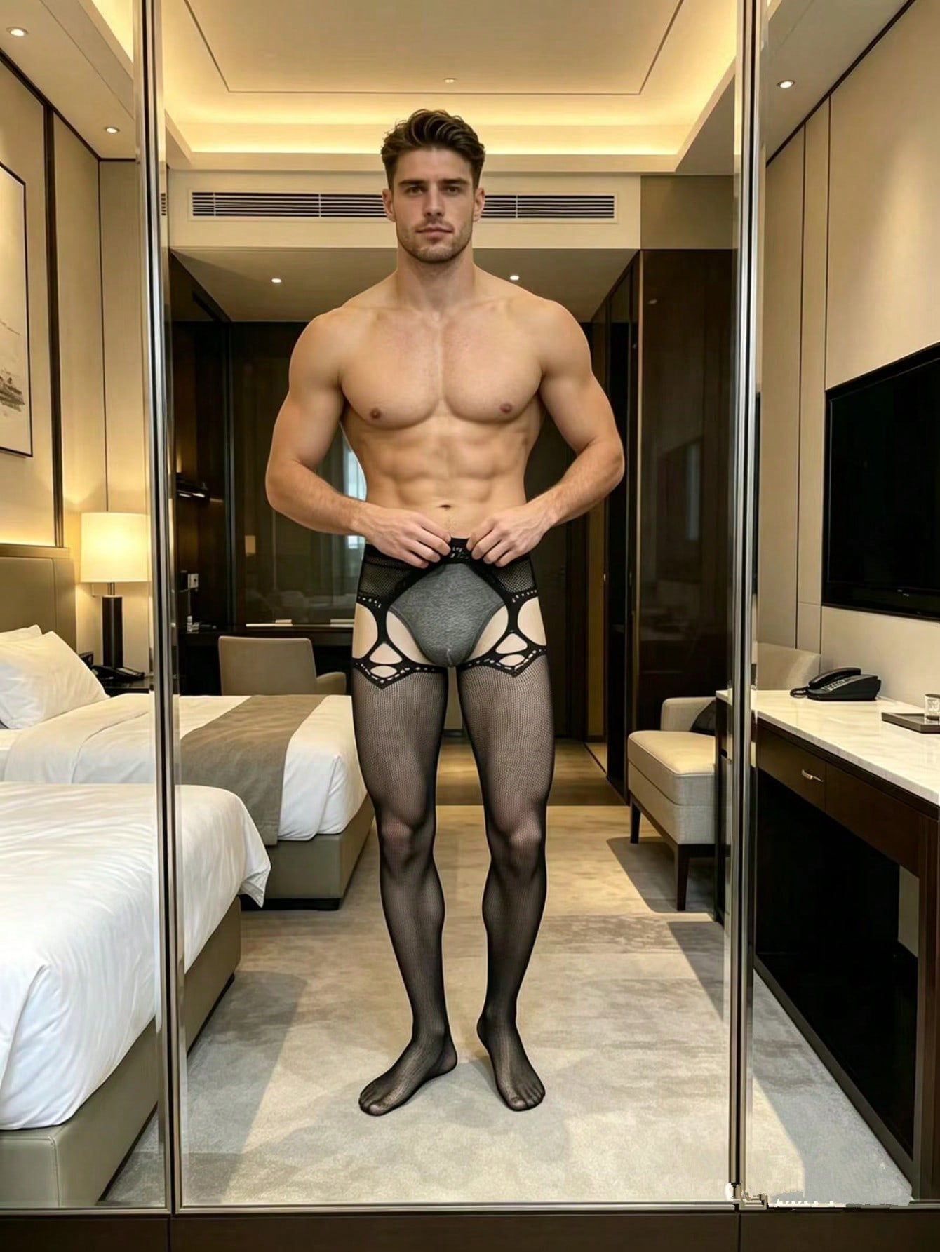 Black fishnet bodystocking for men with a sheer plain design, crotchless style, low rise fit, and high-stretch knitted polyamide fabric.