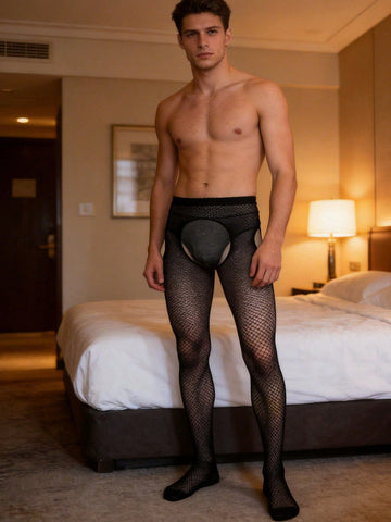 Black men's fishnet bodystocking with hollow out design, sheer knitted fabric, high stretch, 100% polyamide, plain pattern, 1-piece lingerie style.