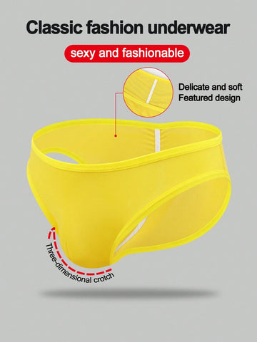 Men's plain mid-rise briefs in yellow knitted fabric with medium stretch, made from 84% polyamide and 16% elastane.