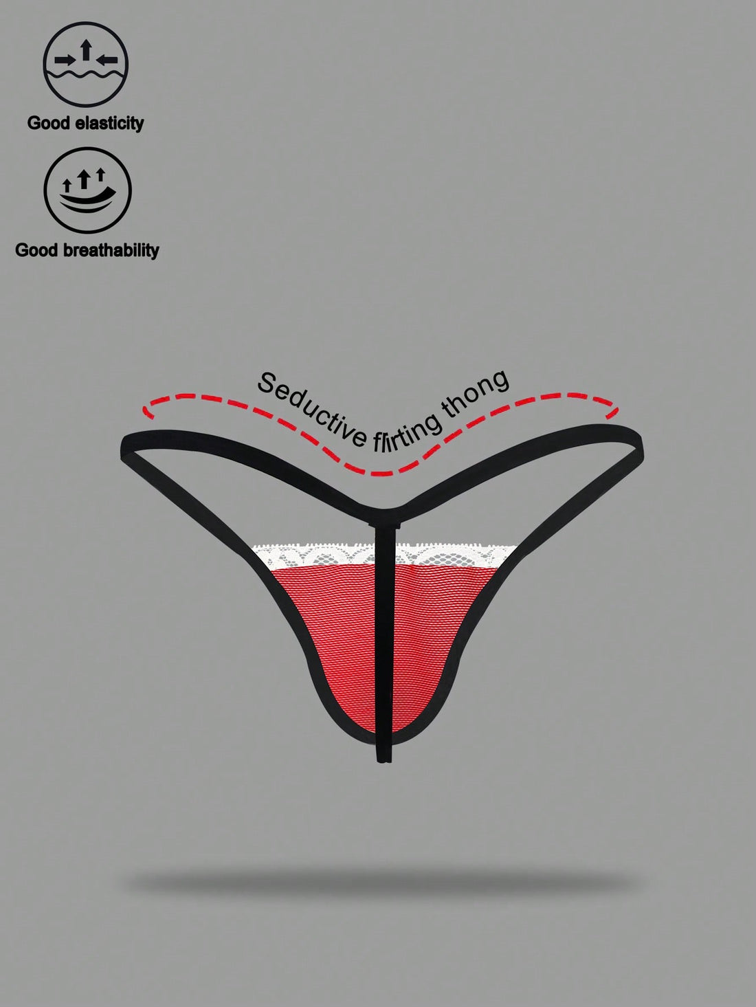 Men's low rise thong underwear in multicolor mesh fabric with contrast lace waistband, contrast binding, and colorblock design.