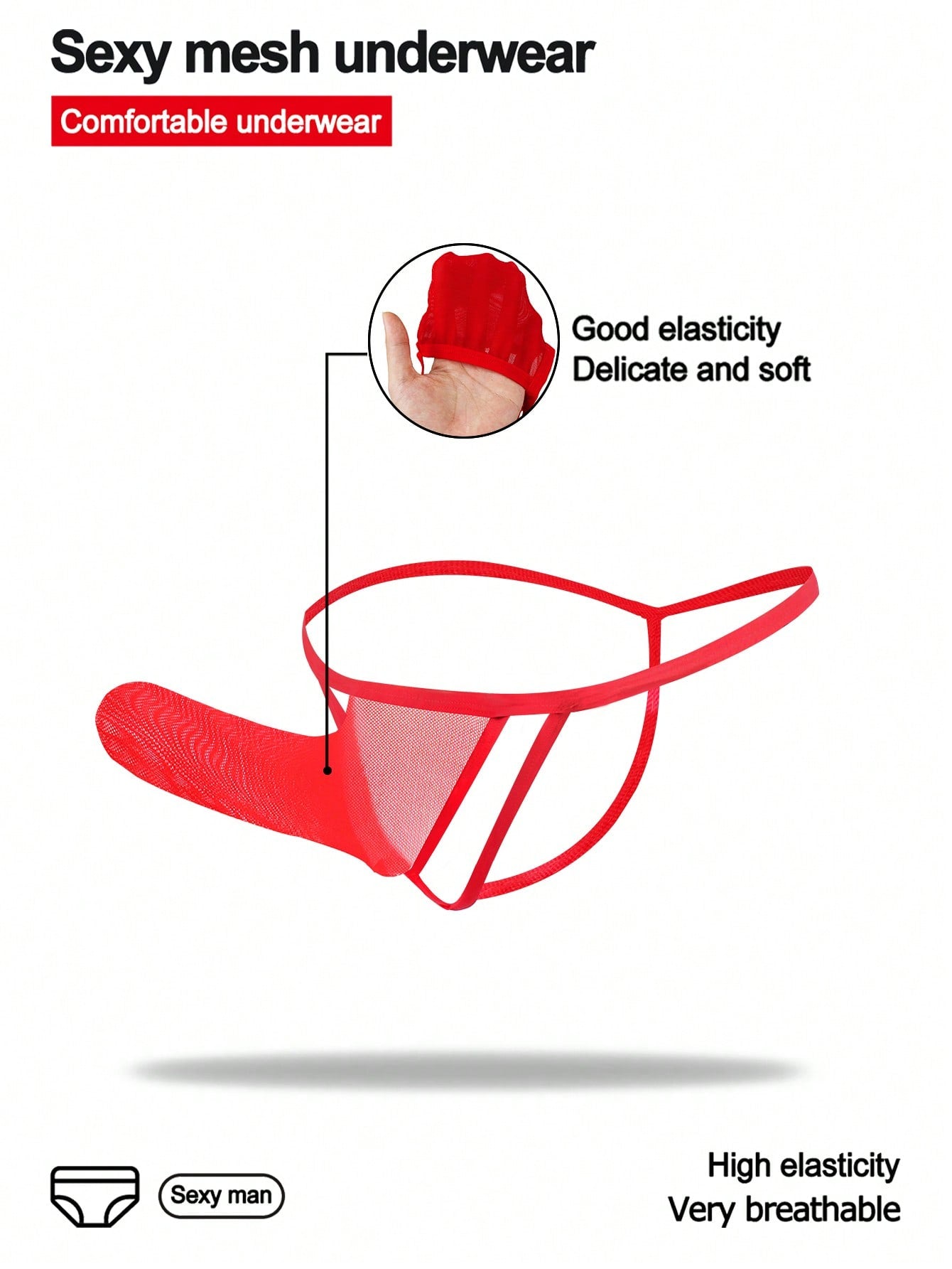 Men's mid-rise mesh thong underwear with U-pouch design, plain pattern, made from polyamide and elastane blend.