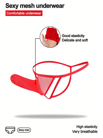 Men's mid-rise mesh thong underwear with U-pouch design, plain pattern, made from polyamide and elastane blend.