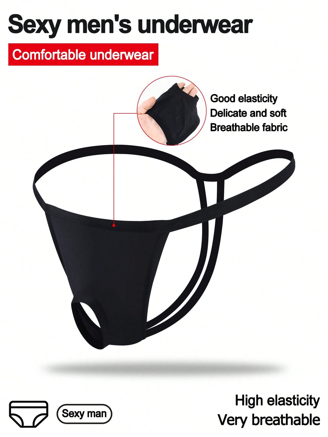 Black men's low-rise thong underwear made from breathable knitted fabric with medium stretch and a plain opaque design.