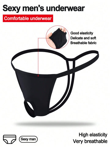 Black men's low-rise thong underwear made from breathable knitted fabric with medium stretch and a plain opaque design.