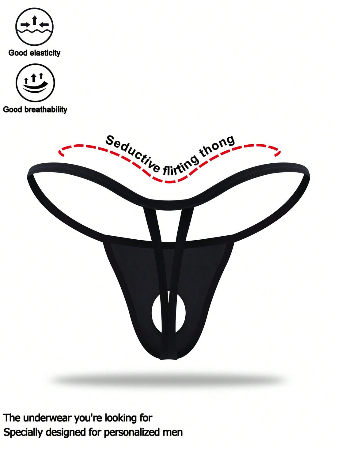 Black men's low-rise thong underwear made from breathable knitted fabric with medium stretch and a plain opaque design.