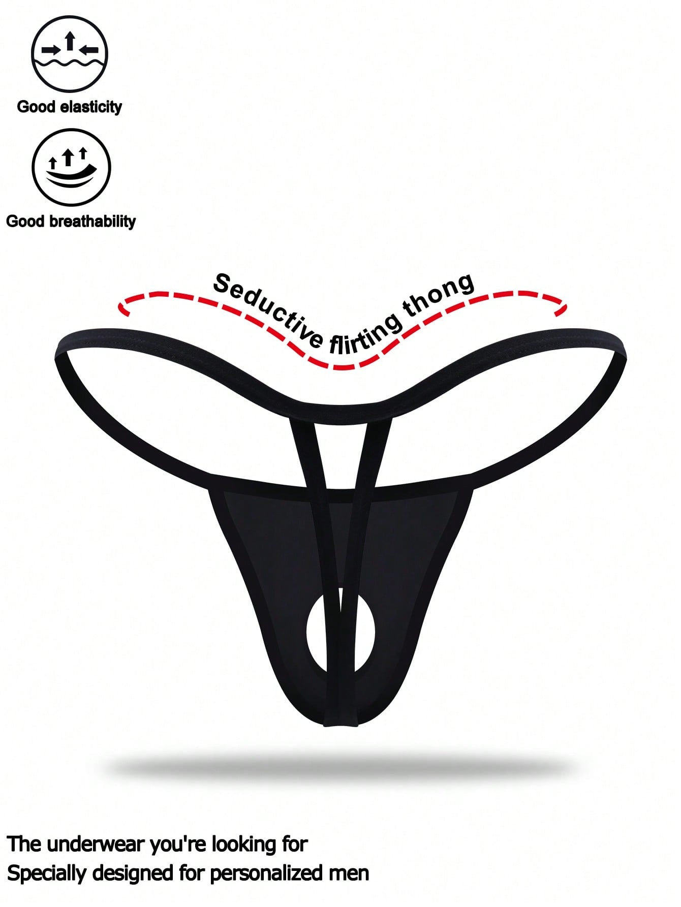Black men's low-rise thong underwear made from breathable knitted fabric with medium stretch and a plain opaque design.