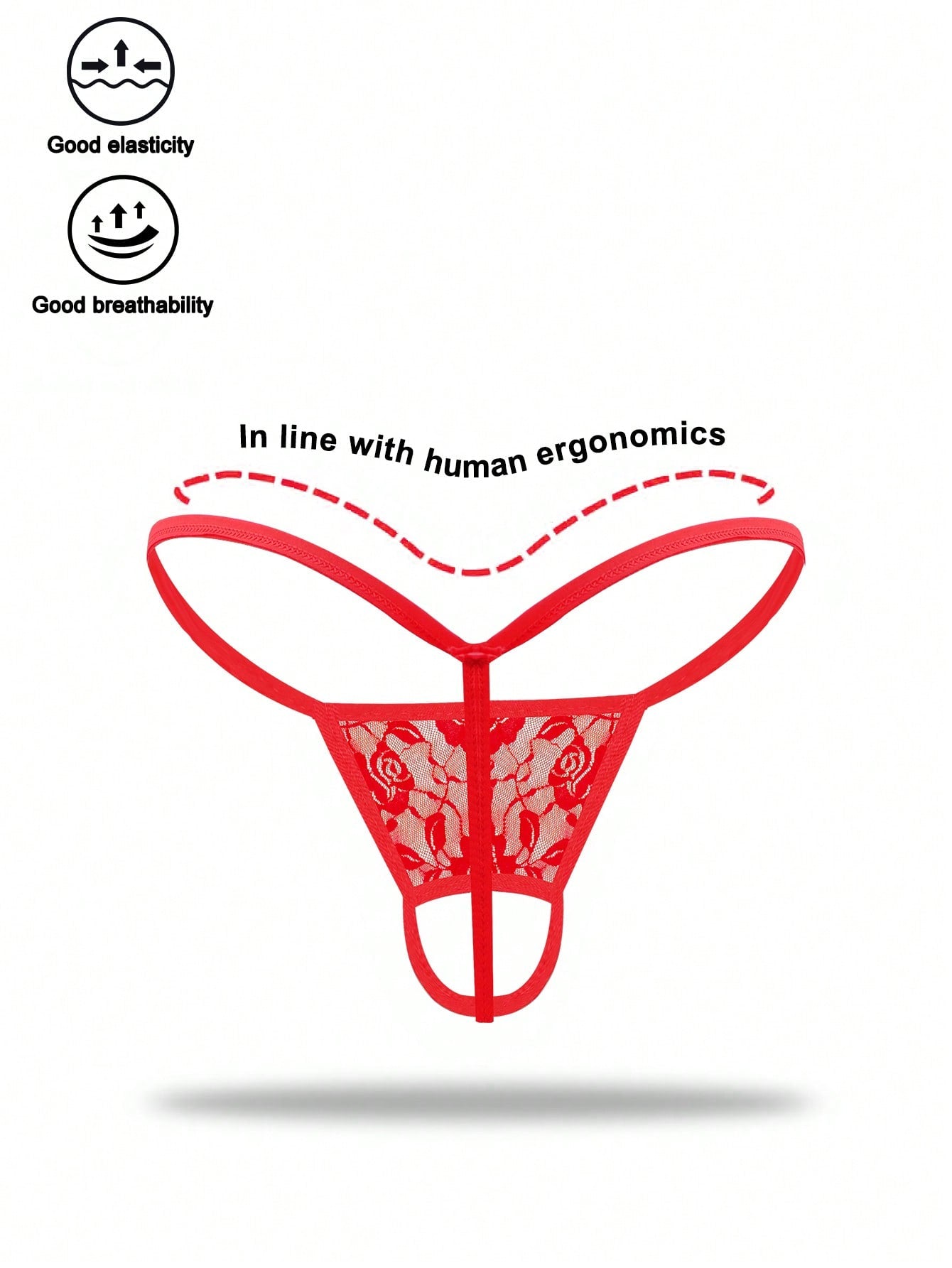 Red men's low rise thong underwear with contrast lace trim, letter pattern, and medium-stretch knitted fabric in 97% polyamide and 3% elastane.